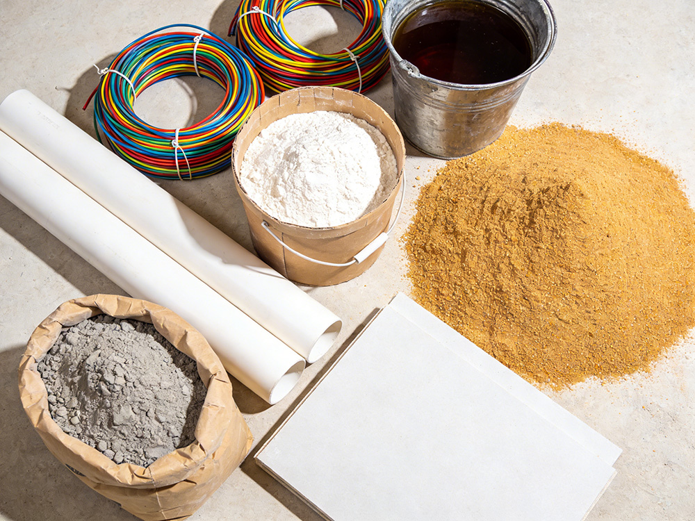 水泥、沙子、石膏板、膩?zhàn)臃邸⑺堋㈦娋€(xiàn)、防水涂料